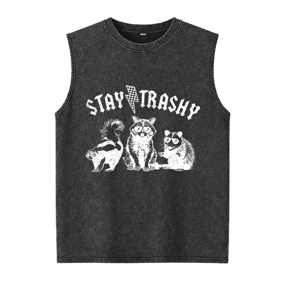 Men's Oversized Washed Cotton Vest - Casual Round Neck Sleeveless Top, Soft Smooth Seamless Fabric, Loose Fit Foldable Graphic Front Vests, Funny Retro Trash Panda "Stay Trashy" Animal Print, All Seasons Menswear