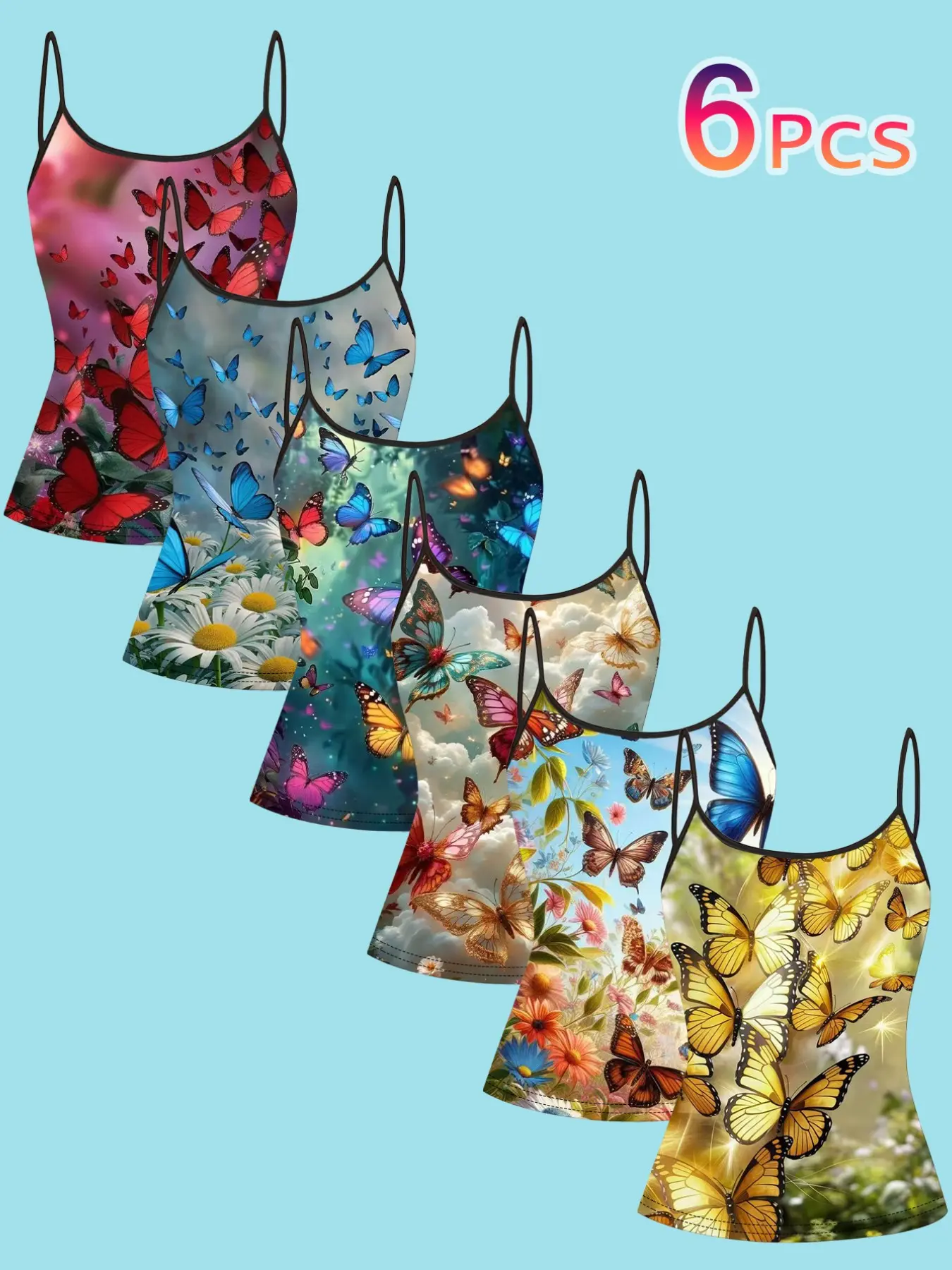 Dreamy Butterfly Strapless Tank Top, Forest Fairy Colorful Insect Halter Shirt, Women's Summer Natural Style Sleeveless T-Shirt, 6-Piece Set