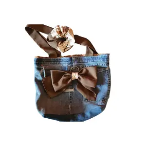 Coffee Denim Tote, Denim bag with Bow, Medium Denim Shoulder Bag, Handmade Coffee Lover Bag, Retro Denim Tote Bag, Distressed Denim Tote