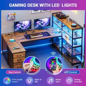 Sedeta 64.5 inch LED L-Shaped Gaming Desk with Storage Wooden Top Metal Frame Space-Saving Corner Desk for Bedroom Office APP Control Adjustable Monitor Arm