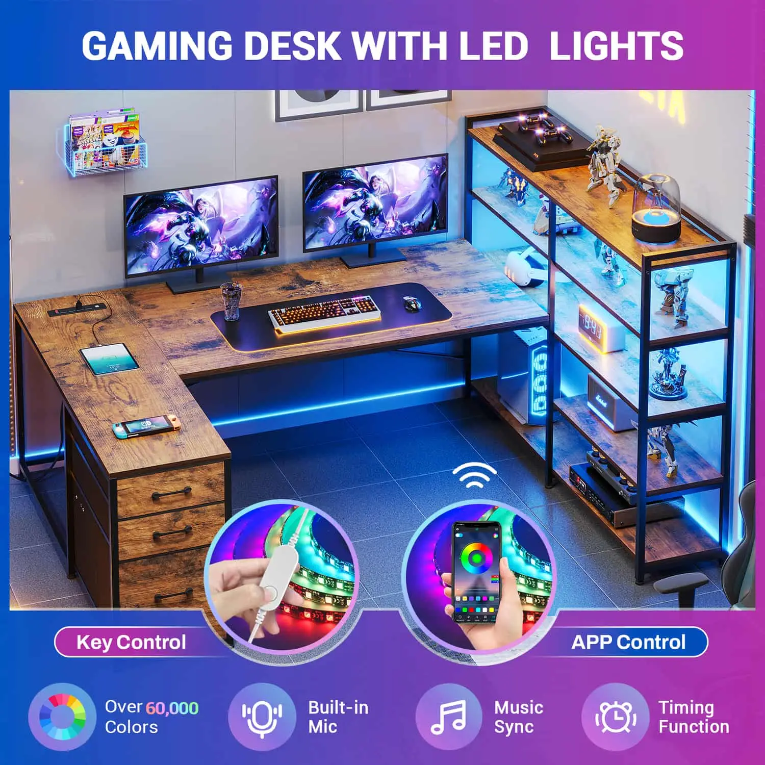 SEDETA 64.5 inch LED L-Shaped Gaming Desk with Storage，L-Shaped Computer Desk with Storage ，Wooden Top Space-Saving Corner Desk w/Metal Frame, Large C
