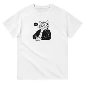 Men's funny animal with a cat wearing a bomber jacket Graphic T-Shirt - Short Sleeve Crew Neck Regular Fit Casual Wear | Soft & Breathable Fabric, Durable Print, Everyday Comfort, Machine Washable, cartoon illustration a cat sitting with arms crossed,