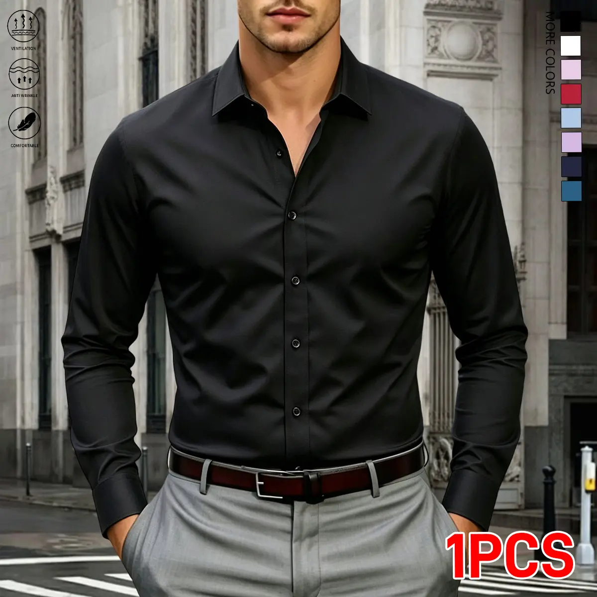 Menswear Men's Polyester Long-Sleeve Plain Top - Collared, Button-Design, Wrinkle-Free, Stretchy, Breathable, Skin-Friendly, Slim-Fit, Smooth Fabric - Suitable for Business Office, Everyday Casual Wear, Long Sleeves,back to school,back to school shopping
