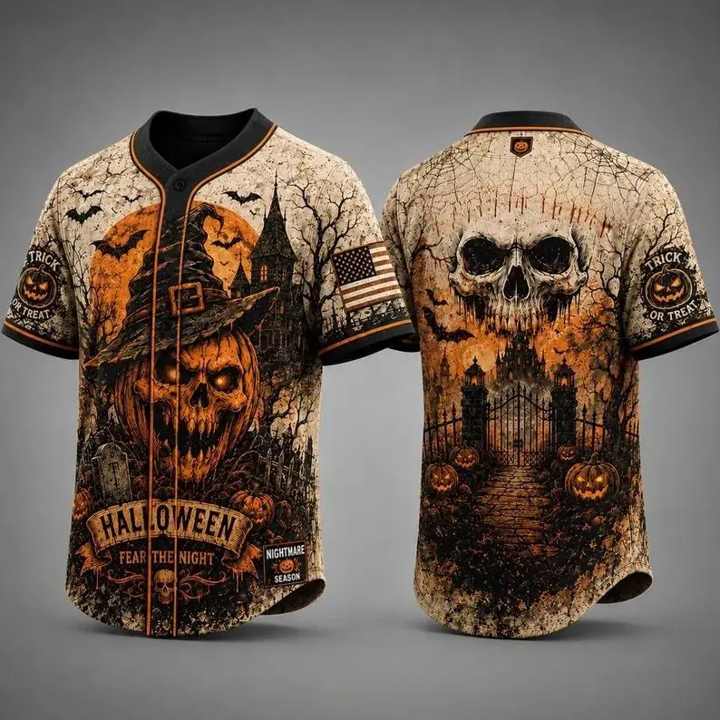 Matching Family Halloween Baseball Jersey, Skull Pumpkin Baseball Shirt, Scary Haunted House Trick or Treat, Custom Name Spooky