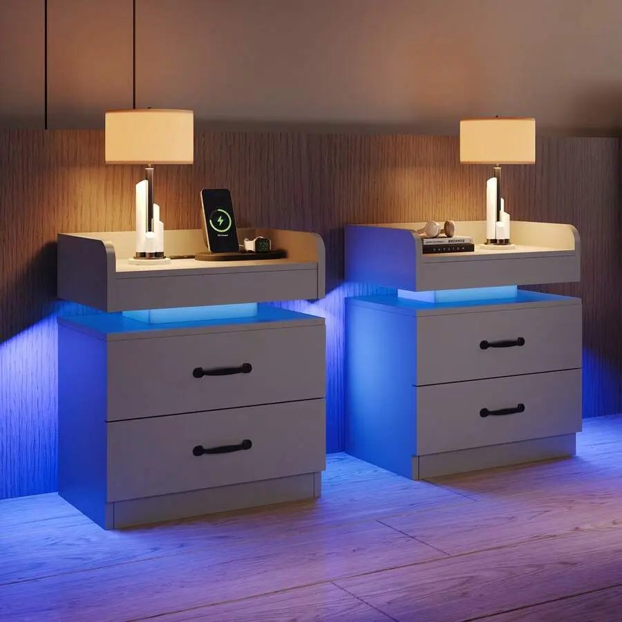 2-Piece Modern LED Nightstand Set, Sleek Gaming-Style Bedside Tables with 2 Drawers, End Side Tables for Bedroom (Black/White/Grey), Sleek Bedside Tables