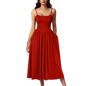 OYS Women's Summer Casual Midi Dress with Adjustable Straps Pleated Swing A Line Design & Pockets