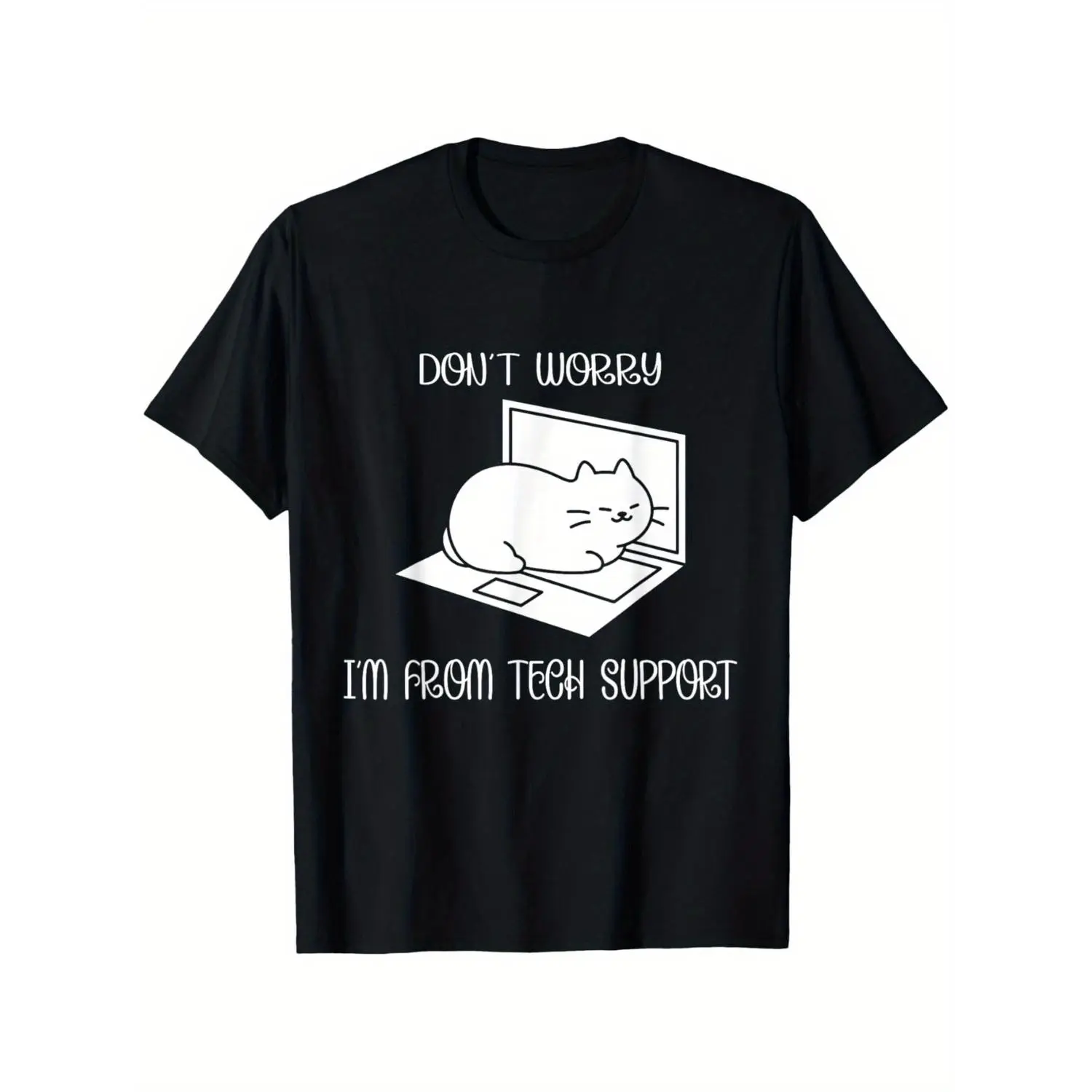 Unisex Humorous Tech Support Cat Graphic Cotton T-shirt Classic Fit Black Crew Neck Short Sleeve T-shirt S to XXXL for IT Professionals and Cat Enthusiasts
