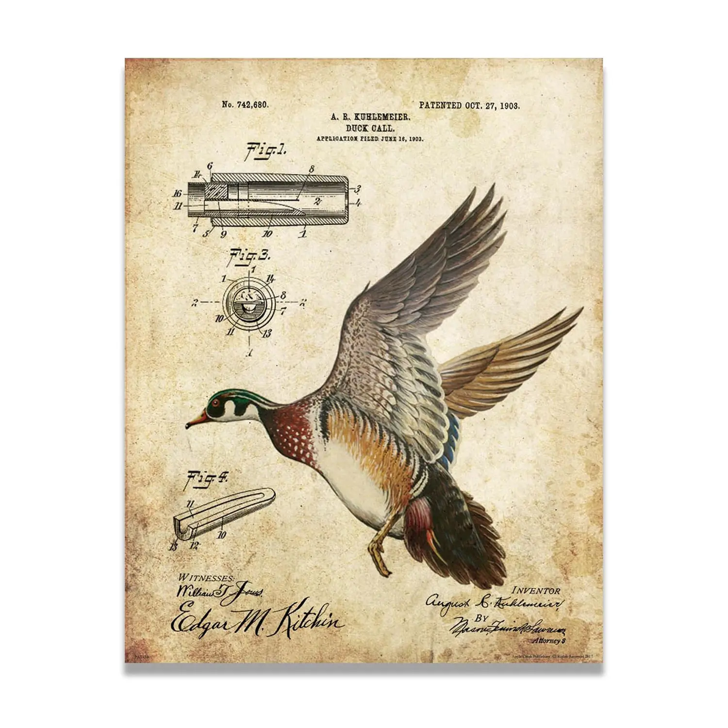 Duck Hunting Patent Print, Vintage Duck Call Patent Wall Art, Rustic Waterfowl Hunting Decor,  Duck Blueprint Poster, Hunter Cabin Wall Art Print