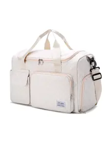Multi-Pocket Large-Capacity Cream-White Quilted Travel Bag Soft-Style Short Trip Luggage Bag Trolley-Ready Maternity, Fitness, Student Commuter Bag New Women's Style Travel Duffel Bag Travel Duffle Bag