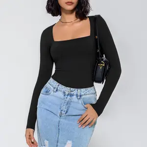 Avidlove Bodysuits for Women Sexy Long Sleeve Bodysuit Square Neck Double Lined Ruched Snap Closure Bodysuit Tops