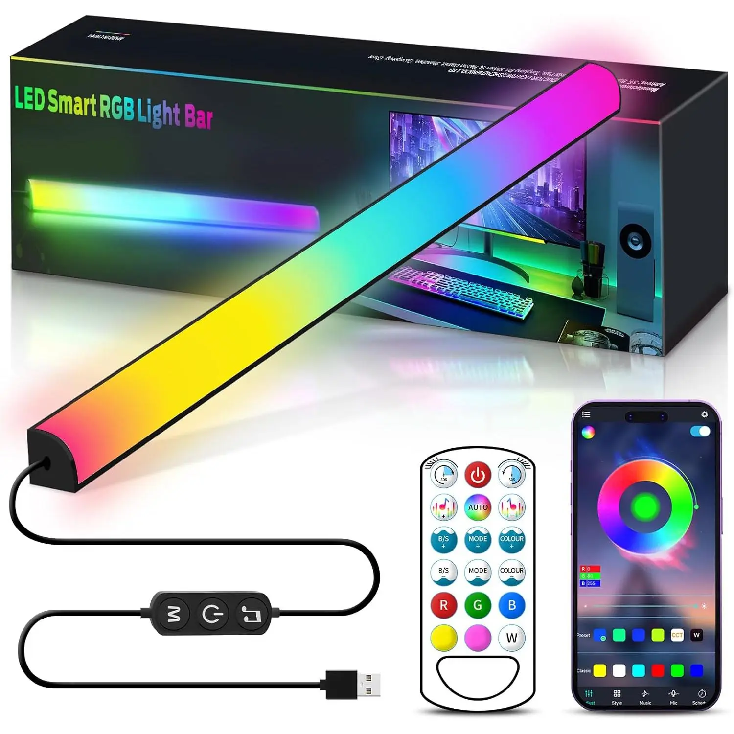 Chunting RGB LED Light Bar with AC Power Supply, Dimmable Remote Control, Color Changing, Adjustable Brightness Speed, Music Sync, Rainbow Effect, Indoor Use for Game Room PC Desk, Dynamic Rgb