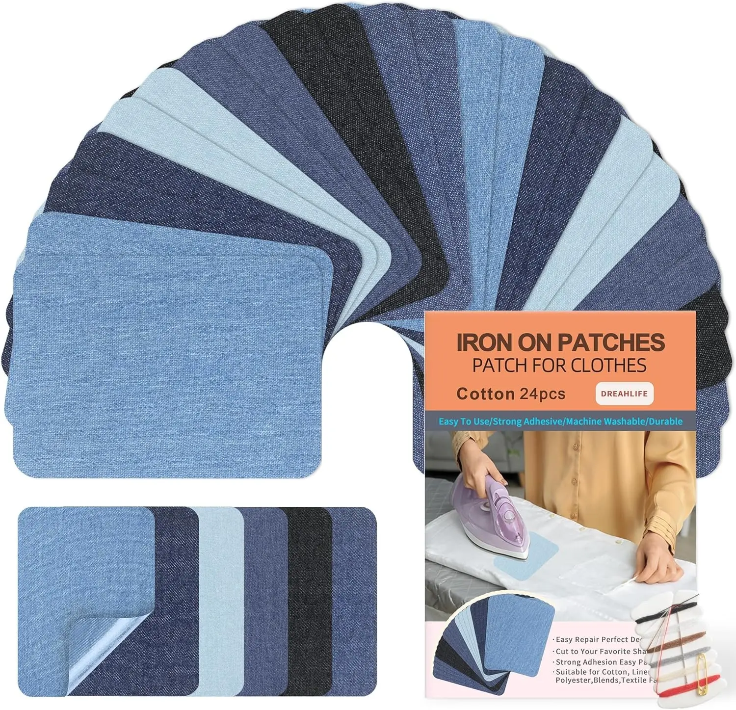 Iron on Patches for Clothes 24Pcs, Iron on Patches for Jeans Denim | Denim Cotton Fabric Repair Patch for Ripped Jeans, Inside Jean, Repair Holes, Knee, Pants 3" by 4-1/4" Blue&Black