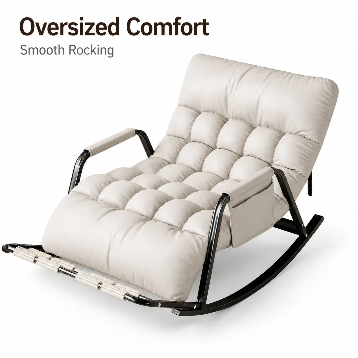 Beige Upholstered Rocking Lounge Chair, High Back Reclining Leisure Seat with Padded Armrest for Living Room Balcony Sleeping