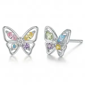 925 Silver Plated Butterfly Stud Earrings with Multi-Color Gemstones, Openwork Cute Jewelry for Women