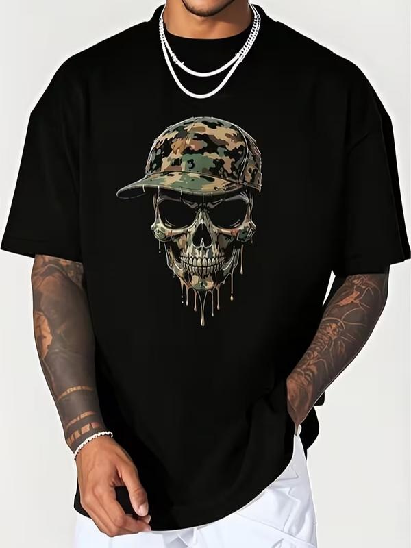 Men's Cotton Stylish Short-Sleeve Camouflage Skull Print Black T-Shirt - Unisex Casual Round Neck Streetwear Top, Plus Size Clothes, Breathable, Sweat-Absorbent, Soft, Machine Washable, Suitable for Spring, Summer, Daily Commuting