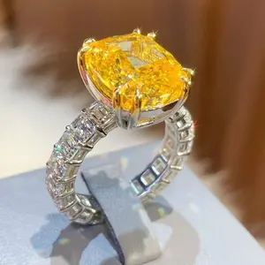 TIFFSWALO Genuine Premium & Elegant S925 Silver Plated 18K Gold Luxuriously Inlaid T-Square Full Yellow Diamond Large Particle Popular Ring, Ice Sugar Square Diamond Arrangement