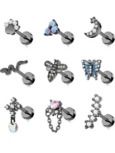9PCS 16G Cartilage Earrings Stud for Women 316L Stainless Steel Flat Back Earrings CZ Butterfly Flower Cartilage Tragus Earrings Helix Conch Piercing Jewelry