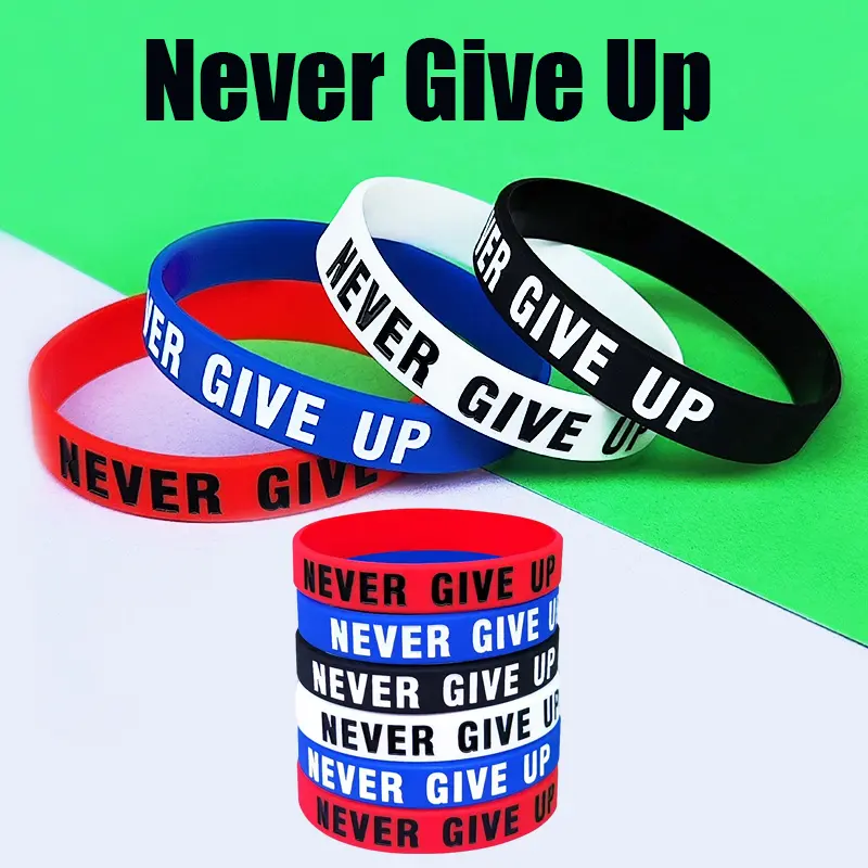 Unisex Silicone Rubber Band Wristbands - 6-Pack Motivation Text Print Inspirational "Never Give Up" Bracelets, Universal Fit Fashion Costume Jewelry Gifts for Men & Women, 6 Pieces