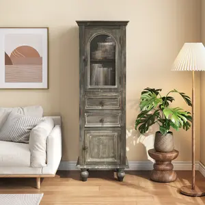 ARCH Farmhouse Tall Narrow Storage Cabinet – Rustic Wood Linen Cabinet with 2 Drawers & 2 Doors, Freestanding Bathroom Floor Cabinet for Living Room, Hallway, Kitchen (Black&Gray)