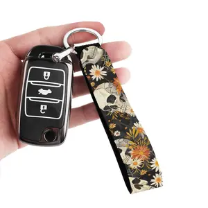Skeleton Print Car Keychain with Skull&flowers Design for Auto,vehicle,trucks,Durable Multifunctional Wristband Keychain Metal Buckle with Ribbon Car Stuff Halloween Decorations Black Ghost
