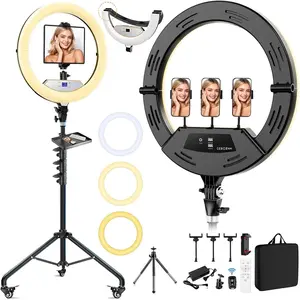 18" Large Ring Light with Stand, Foldable LED Big Ringlight with 75" Tripod & Wheel Tray for Live Tattoo Makeup Video Recording Barber Photography