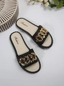 Summer Thick Sole Flip Flops for Women, Rhinestone Metal Chain Diamond Pattern Sandals, Anti-Slip Platform Beach Shoes