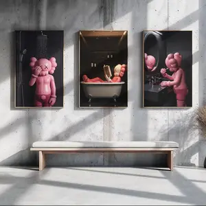 PINK KAWS Style Bathroom Art Print: Hypebeast Decor (3 Piece Set)