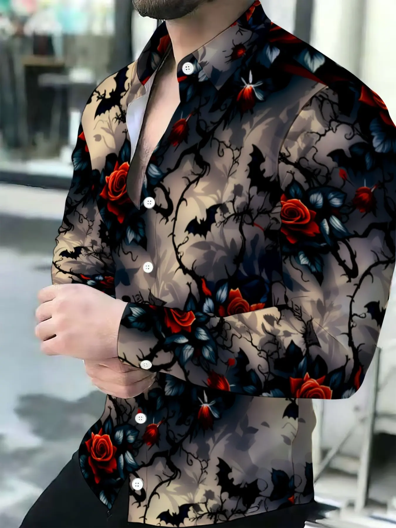 Men's Breathable Lapel Long-Sleeved Casual All Over Printed Red Rose Bat Floral Print Cardigan