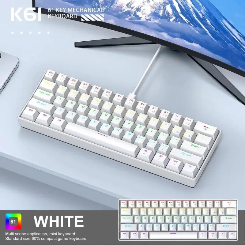 Apayado Original K61 Mini Lighted Mechanical Keyboard, Wired 61 Keys, Phantom RGB Axis, Gaming Office 60%, Portable Design, PC Accessories Gaming, Light Up Keyboard