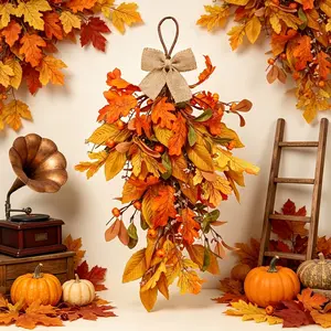 53.34cm Fall Teardrop Wreath, Artificial Pumpkin Wreath with Berries and Leaves, Thanksgiving Harvest Decor, Indoor Outdoor Hanging