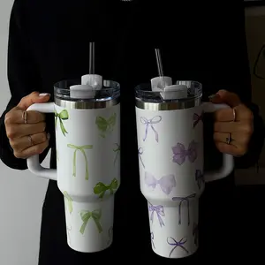 Bow Pattern Vacuum Flask, Large Capacity Water Bottle with Handle, Stainless Steel Insulated Cup for Travel, School, Office, Outdoor, Gym, Home, Drinkware, Leakproof Insulated Tumbler