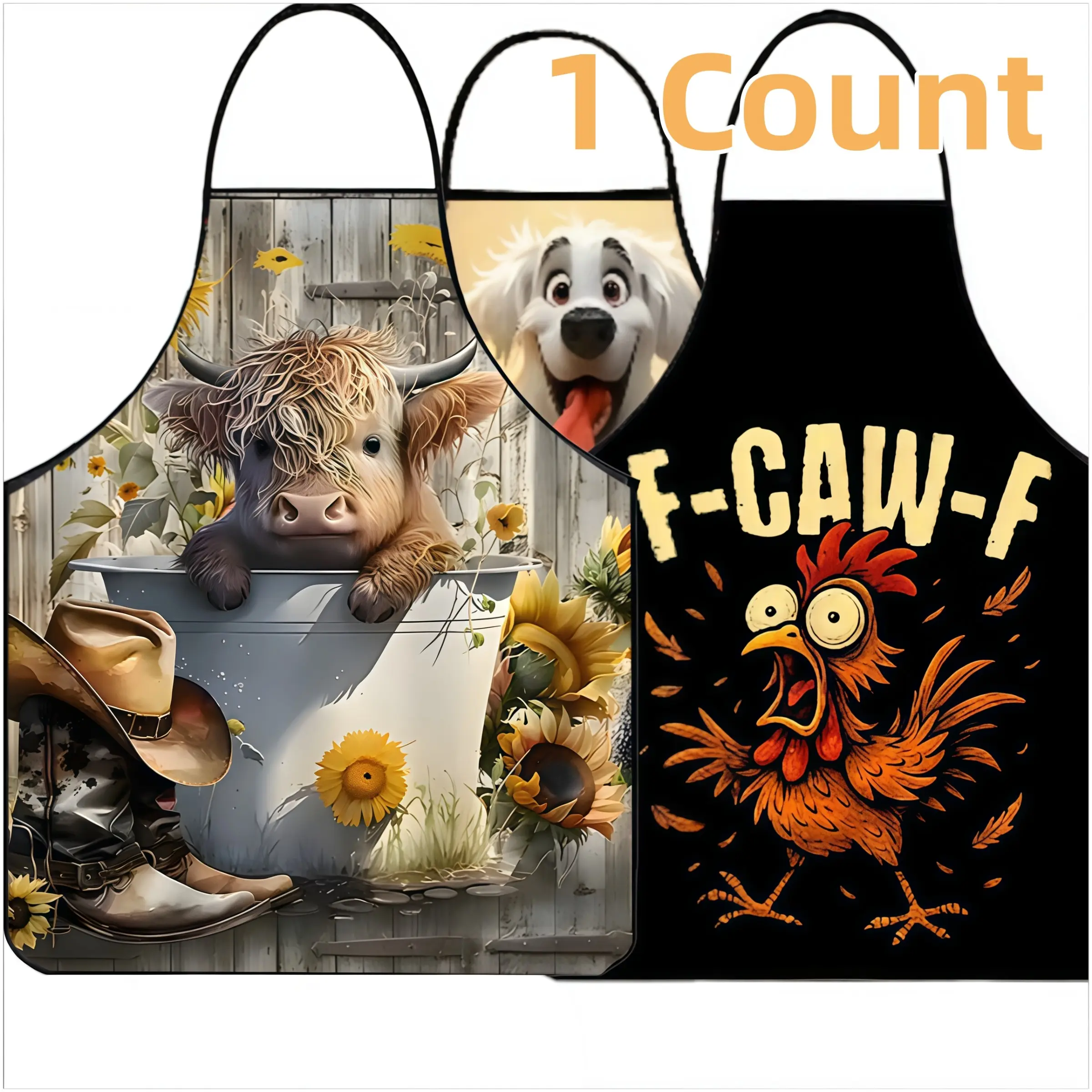 F-CAW-F Pattern Polyester Apron, Kitchen Apron, 1 Count Highland Cow Pattern Apron,Dog Pattern Apron, Chicken Apron,Funny Unisex Cooking Apron, Christmas Gift, Winter Apron for Women,Thanksgiving Gift,Nails Design Tool