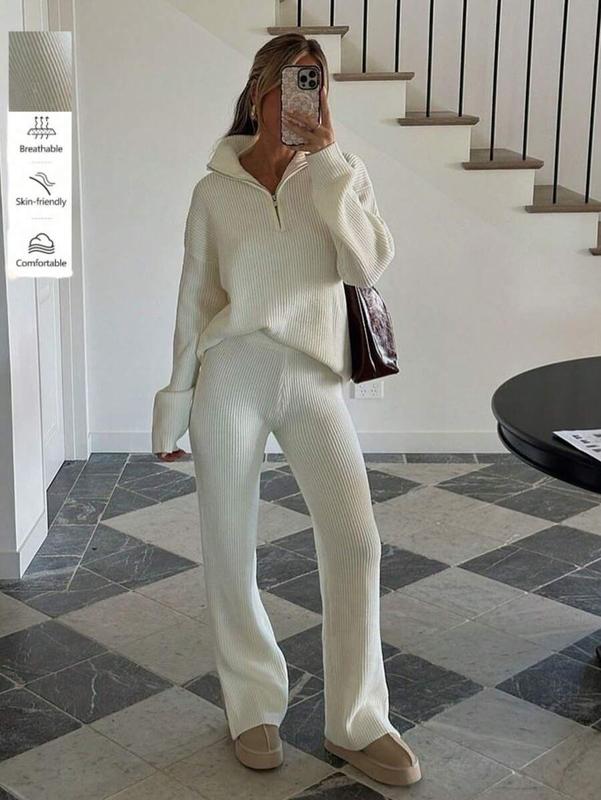 Fall/Winter Women's Casual Cute 2 Pieces Sets Streetwear Y2K Clothes Solid Color Half-Zip Ribbed Knitted Sweater Loungewear Top Pullover Long Sleeves Knitted Pants Cozy Homecoming All White Fall Winter Outfits Clothes For Women Loune Matching Set Country