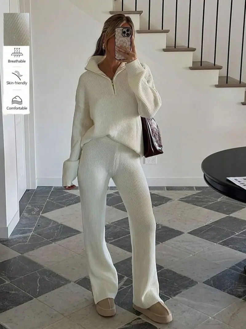 Fall/Winter Women's Casual Cute 2 Pieces Sets Streetwear Y2K Clothes Solid Color Half-Zip Ribbed Knitted Sweater Loungewear Top Pullover Long Sleeves Knitted Pants Cozy Homecoming All White Fall Winter Outfits Clothes For Women Loune Matching Set Country