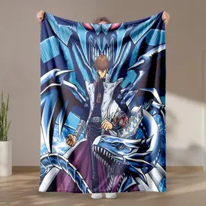 1 piece Seto Kaiba and Blue-Eyes White Dragon themed flannel blanket - Microfiber soft fluffy sofa blanket, suitable for beds and sofas, modern style, all-season use, digital print design, flannel weaving craft, 100% polyester material, machine