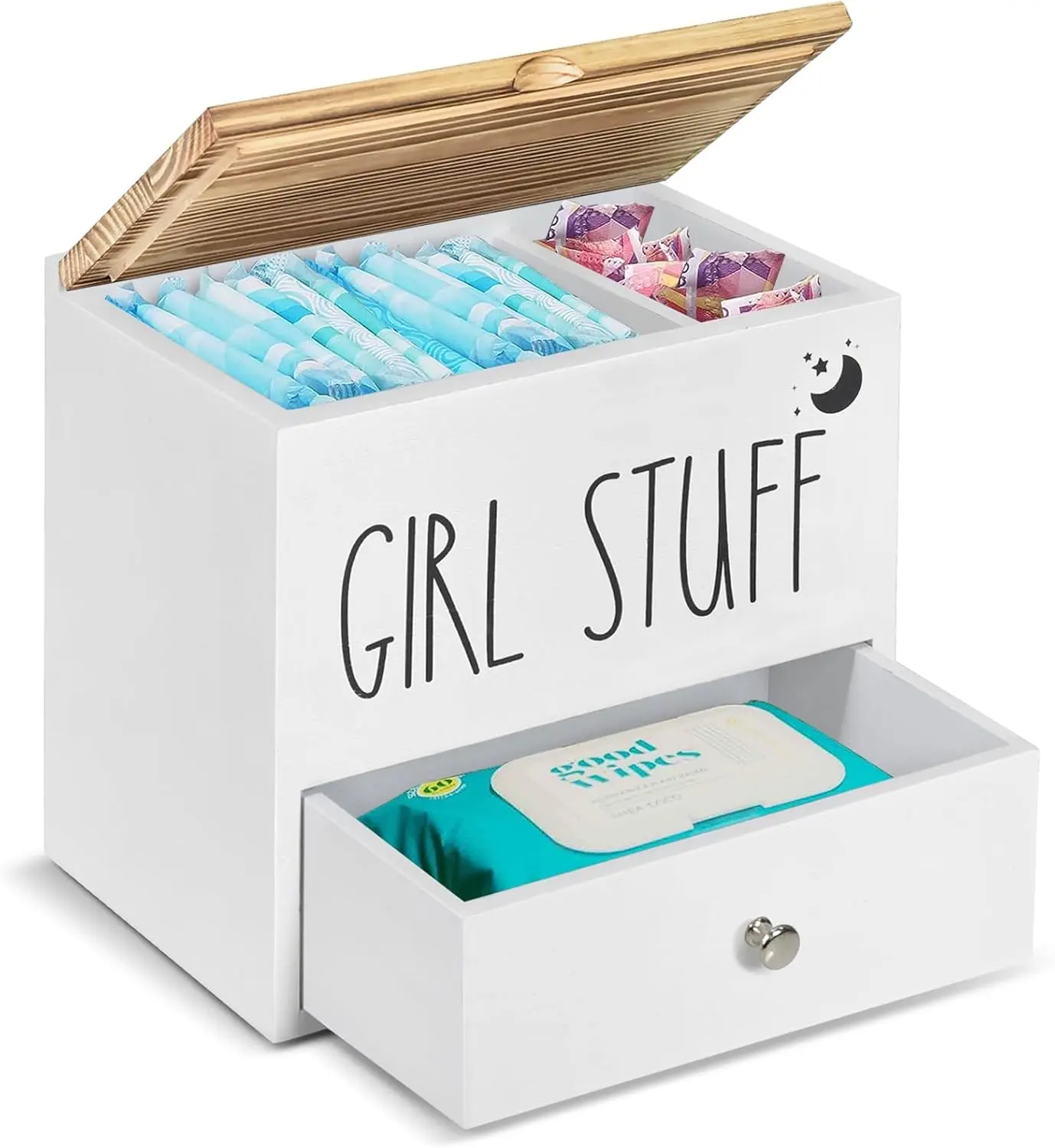 Tampon Holder for Bathroom Decor and Storage, Wood Feminine Product Organizer with Drawer and Lid, Pad and Tampon Organizer Bathroom Accessories Box for Tampon Storage, White Cotton Ball/Swab Holder Ukonvi