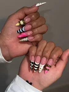 Y2K Edgy Press On Nails, Stripe Polka Dot Chrome Nails, Cool Tone Stiletto Nail Set
