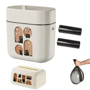 1set Cute Black Cat Trash Can & Tissue Box Set with 2 Rolls Garbage Bags, Press Lid Odorproof Small Desktop Bin, Cream Kawaii Home Decor for Bedroom Bathroom Kitchen Office