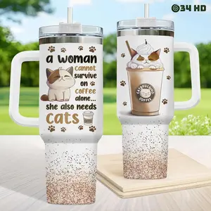 Cat Lady Tumbler 40oz with Lid and Straw - Caffein Catpuccino Vacuum Insulated Mug with Cats, Cute Kitty Gifts for Her Women, Feline Gifts for Birthday Mother's Day & Christmas