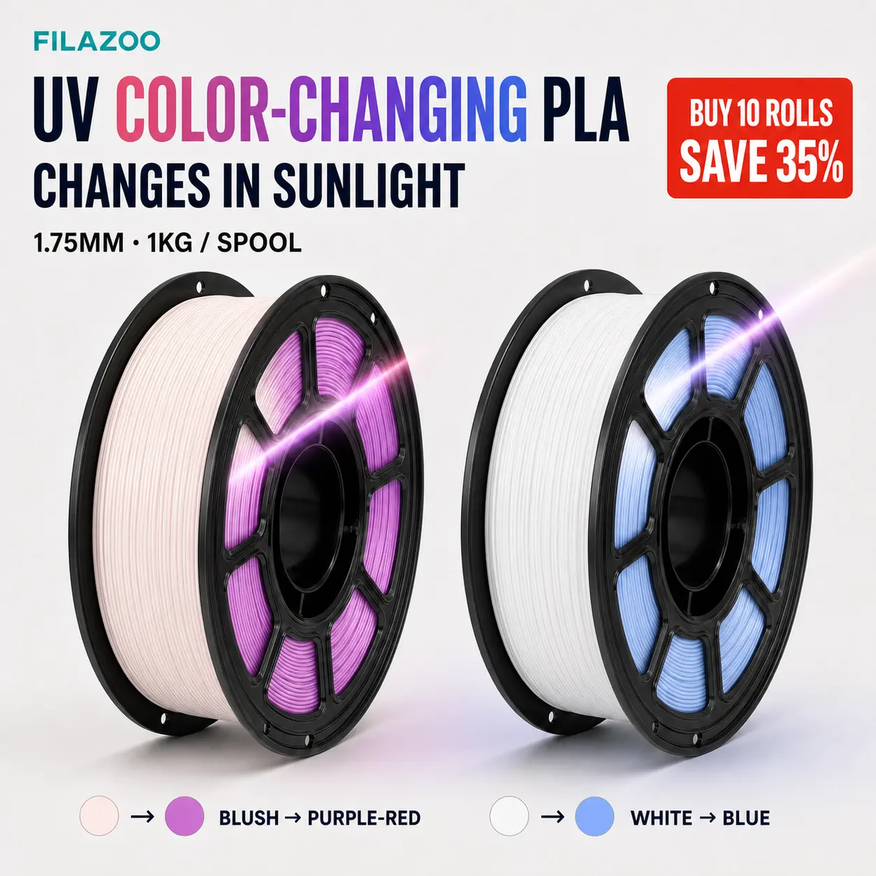FILAZOO Photochromic PLA Filament 1.75mm, 1KG Spool, UV Reactive Sunlight Activated Color Changing Filament, Pink to Purple or White to Blue, for FDM 3D Printers, Toys & Decor diy maker