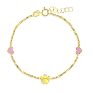 14k Gold 5"- 6" Loving Angel Baby / Toddler / Kids Bracelet Pink Enamel