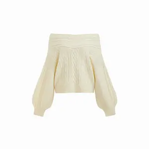 Cider Cable Knit Off-shoulder Lantern Sleeve Oversized Top