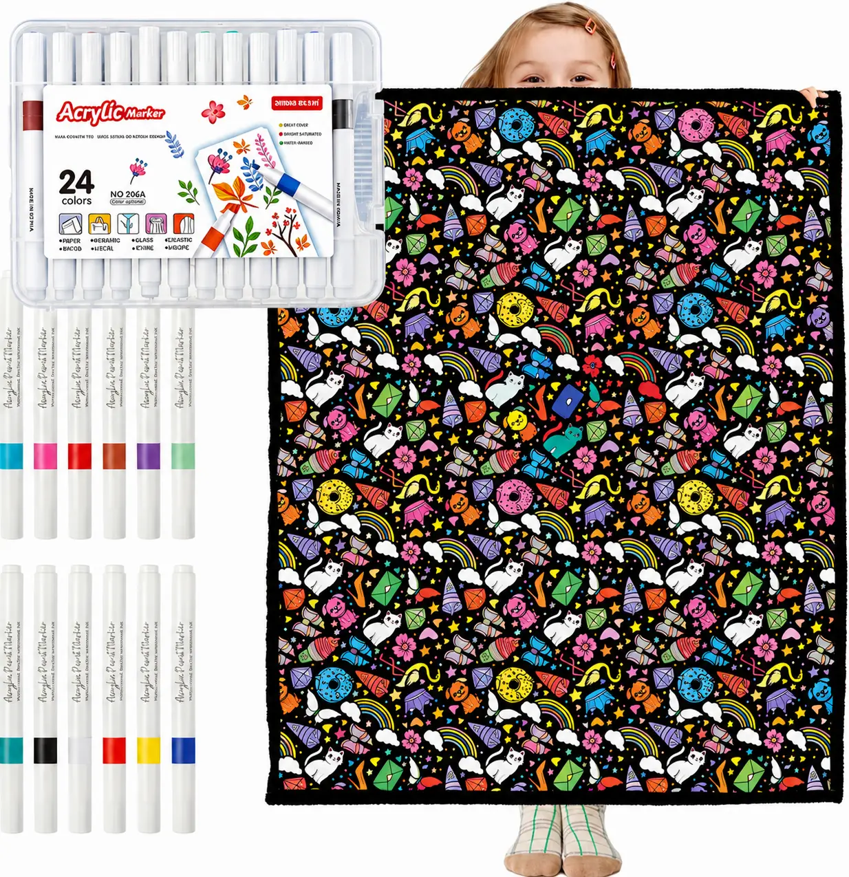 Kids' Creative DIY Coloring Unzip Blanket Kit - 150x125cm Fuzzy Velvet Warm Flannel Throw, 24 Pens Included Art Craft Set, Custom Blankets, Birthday/Holiday Gift, Home Decor