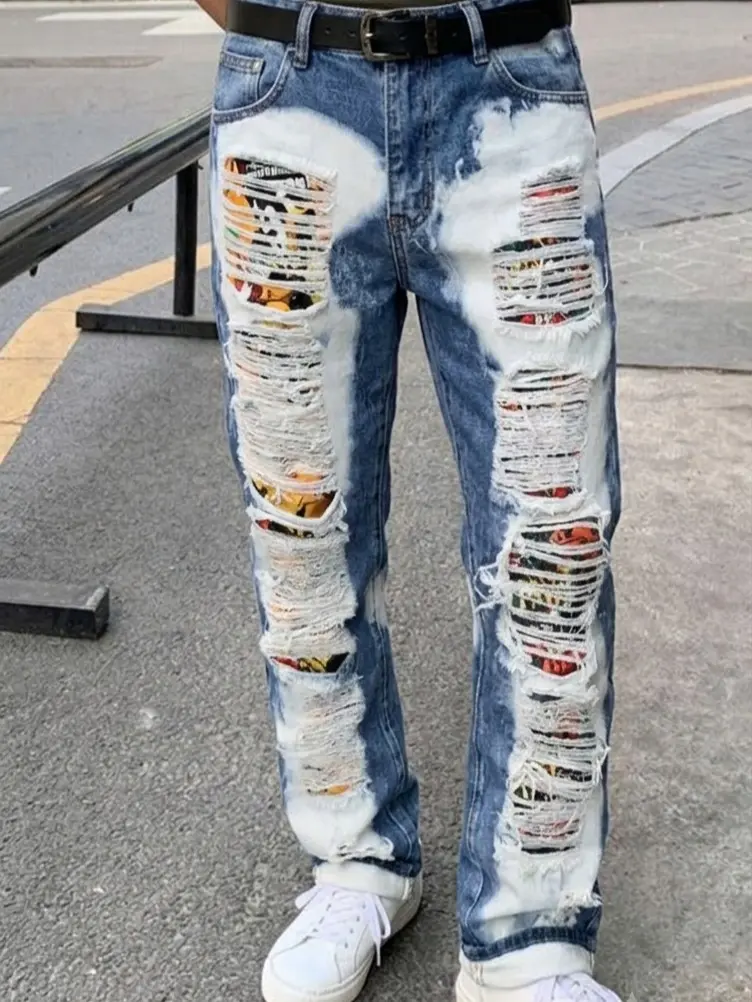 Men's Versatile And Fashionable Street Straight Tube Slim Fit Perforated Patch Casual Jeans-#3 Top Rated Local Warehouse Storein Men's Jeans-3544 Streetwear Graphic Pants Distressed