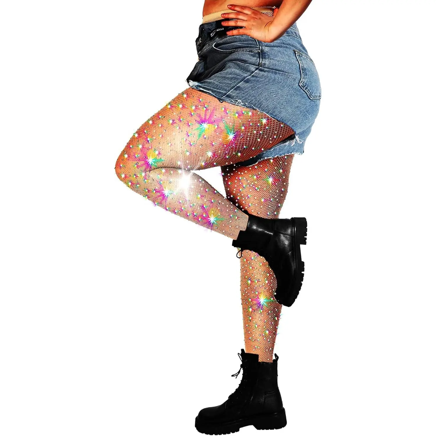 DancMolly 10X Strong Ultra Sparkly Rhinestone Fishnet Stockings, Plus Size Sparkle Tights for Women Sexy Party Concert Outfit