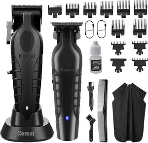 Kemei2299+2296 Professional Barber Shears & Hair Clippers for Men, Cordless/Cordless Hair Cutting Kit, Zero Gap Beard Trimmer, T-Blade Barber Shears with USB Rechargeable