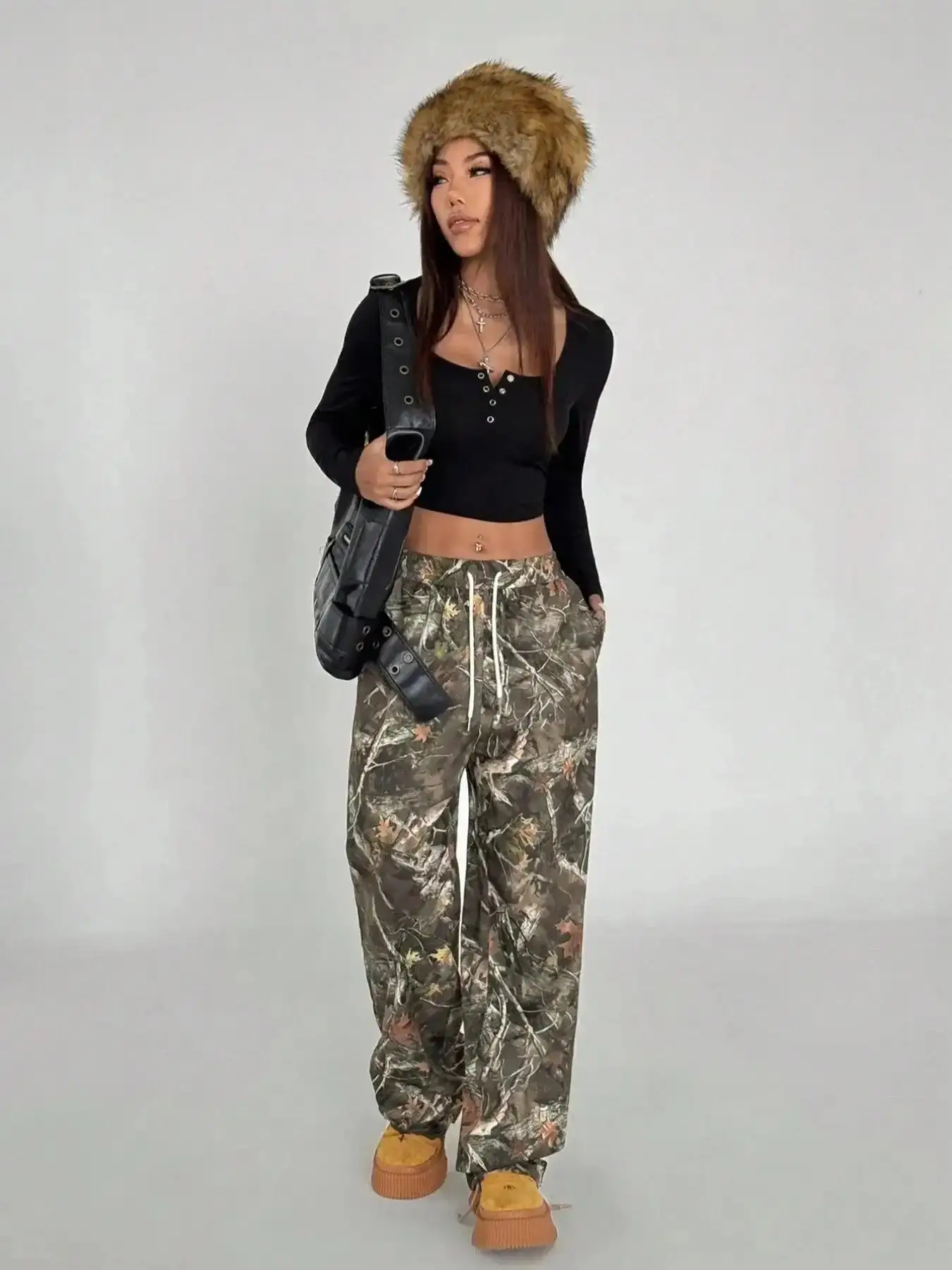 Women's Camo Print Tie Waist Adjustable Drawstring Loose Knit Sweatpants, Casual Fashion Pants, Comfy Jogger for Daily Wear, Ladies Bottoms All Seasons contemporary trending now viral style bodycon