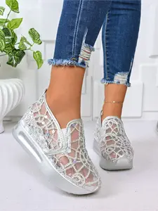 Women's Silver Mesh Rhinestone Slip-On Platform Sneakers - Hollow Knit Breathable Casual Shoes with Wedge Sole, Summer Fashion Loafers, Slip On Style