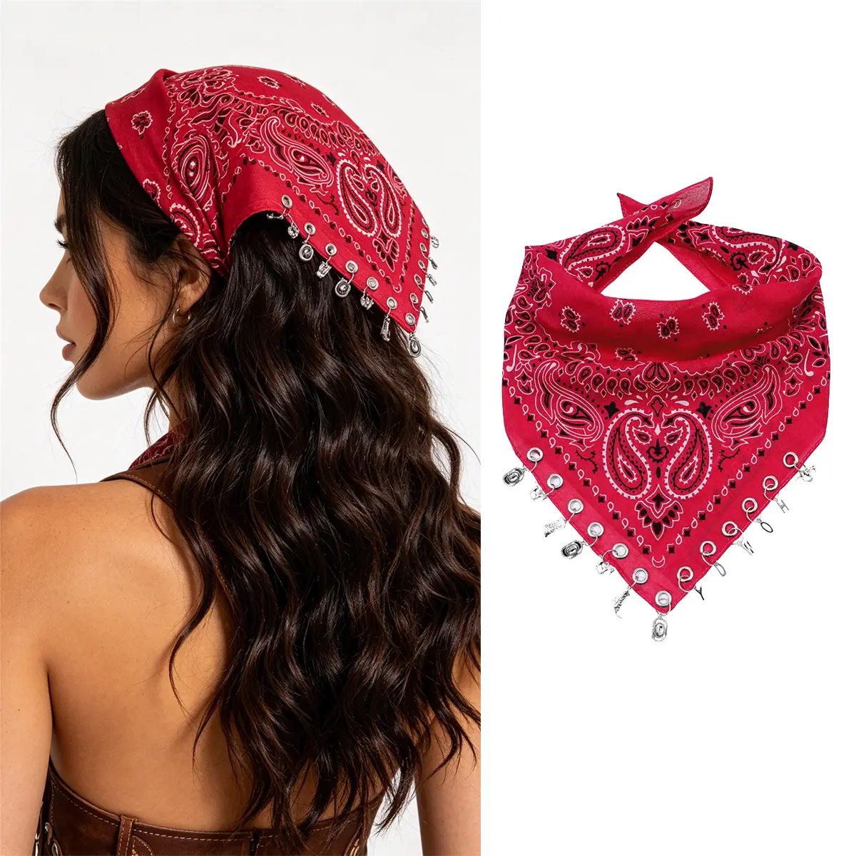 Y2K Punk Cotton Bandana for Cowgirl Western Cowboy Costume 21 Inch Paisley Scarf Neck Scarf with Grommet Western Ornaments