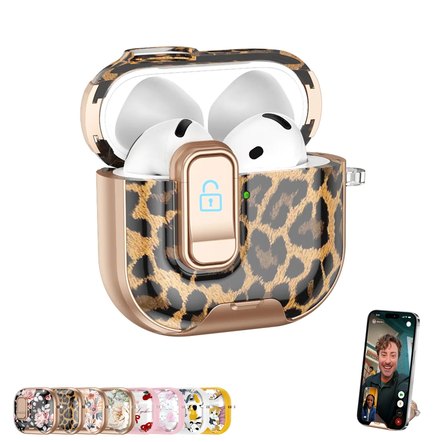 for Apple AirPods 4 Pro 3 2 Case with Safety Lock & Foldable Phone Stand | Double Drop Protection, Two-Piece Design, Airpod Case with Keychain